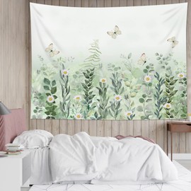 EOBTAIN Sage Green Leaves Tapestry Eucalyptus Leaf Botanical Plant Vintage Daisy Flowers Butterfly Floral Tapestries Simple Cottagecore Aesthetic Tapestry Wall Hanging Living Room Bedroo Dorm 80Wx60H