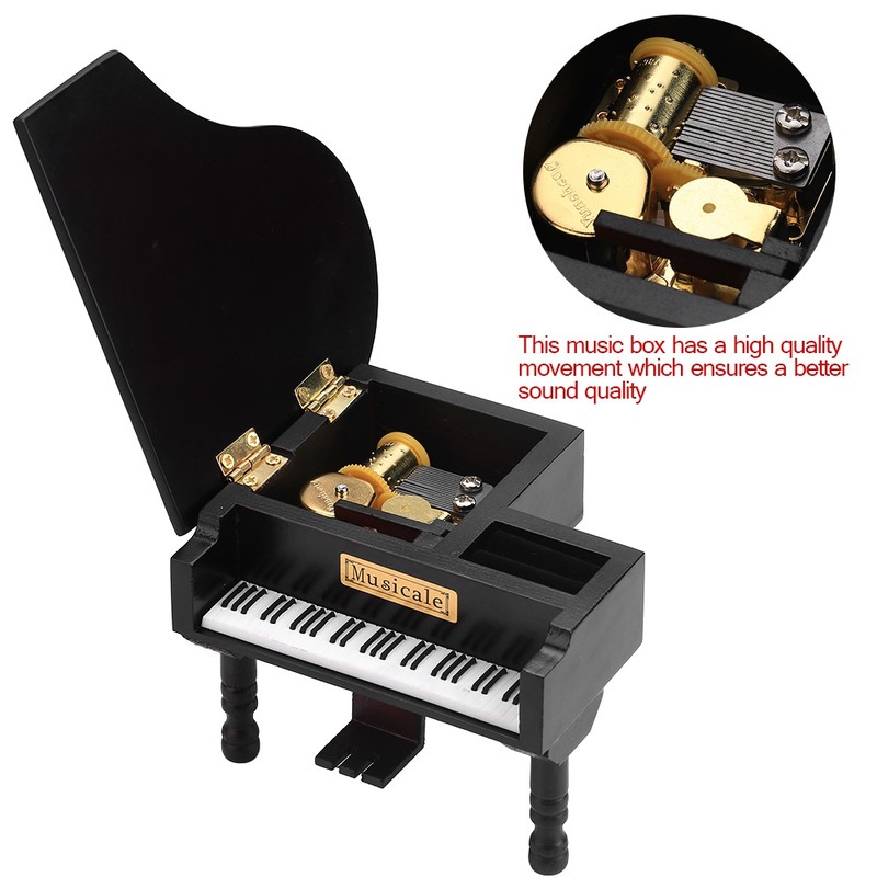 Grand Piano Shaped Windup Wooded Music Box with Small Stool