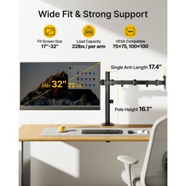 monTEK Stable Dual Monitor Stand for 17–32” Computer Screens, Heavy-Duty Desk Mount with 22 lbs per Arm, Fully Adjustable Brackets and Arms, Clamp/Grommet Base, VESA 100×100mm Max