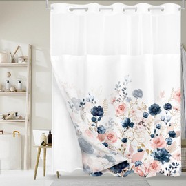 Tititex No Hooks Snap in Liner Aesthetic Navy Pink Rose Floral Shower Curtain Sets, Hotel Luxury Double Layers Waterproof Fabric & See-Through Top Window Bathroom Decorative 72x72 Inch