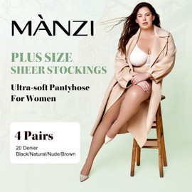 MANZI Women's Plus Size Sheer Tights Ultra-soft Pantyhose 20D Footed Stockings High Waist Nylons(Brown,4XL)