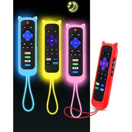 4Pack ONEBOM Remote Cover for Roku with Cat Ears Design, Silicone Skin Case Compatible with Hisense/TCL Roku TV/Express, Glow in The Dark Glow Blue&Glow Yellow&Glow Pink&Red