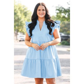 Fisoew Plus Size Dresses for Women Summer Ruffle Short Sleeve V Neck Dress Tiered Swing A Line Babydoll Mini Dress Blue
