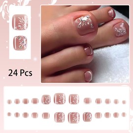 24 Pcs Flower Press on Toenails Short Square White French Tip Fake Toenails with Rhinestones Designs Full Cover False Toenails Stick on Nails Summer Acrylic Toenails Glue on Nails for Women