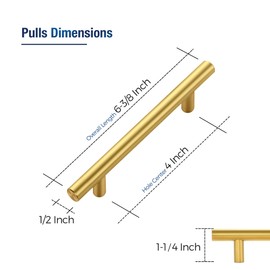 JOY DECOR 15 Pack Cabinet Handles, Gold Cabinet Pulls, 4 in Hole Center Kitchen Cabinet Handles, Stainless Steel T Bar Handles for Dresser Drawers