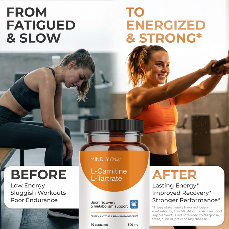MINDLY L-Carnitine L-Tartrate 500mg - 60 High Purity Vegan Capsules