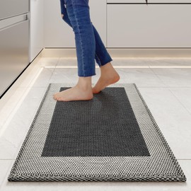 QiCaiJia Anti Fatigue Kitchen Mats for Floor, Super Absorbent Kitchen Rugs Non Slip Washable, Soft Braided Kitchen Runner Rug, Standing Mat Kitchen Sink Mat, Easy to Clean, Black 17x30