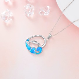 SLIACETE Shark Heart Necklace 925 Sterling Silver Simulated Blue Opal Shark Jewelry Gifts for Women Wife Shark Lovers