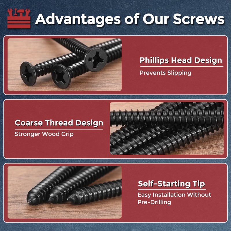 Kozelo 200pcs Phillips Flat Head Wood Screws - [ST4x25mm] Carbon