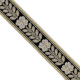JL 475 Jacquard Metallic Gold Floral Leaf on Black Ribbon Trim 1" (25mm) 5 Yards for DIY Sewing Crafting, Home Decors, Gift Wrapping, hat Bands, Bags