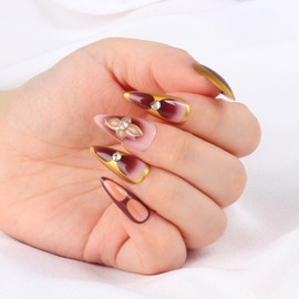 Elegant Gold and Burgundy Press-On Nails with Flower Design, Stiletto Shape, Rhinestone Accents, Reusable Full Cover Fake Nails, 24Pcs Set