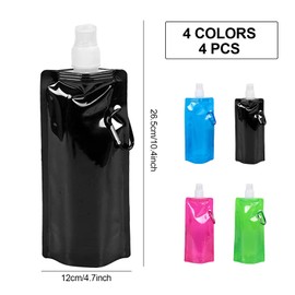 TSHAOUN Pack of 4 Foldable Flexible Water Bottles, Reusable, Carabiner Foldable Water Bottle with Screw Cap for Hiking, Travel, Cycling, Unisex Adult (480 ml)