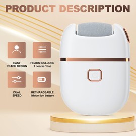 Electric Foot File Electric Foot Callus Remover, Callus Remover for Feet, Pedicure Tools for Feet Rechargeable Waterproof, 2 Speeds, 3 Grinding Head Replacement Set - White