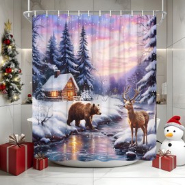 Winter Forest Animal Shower Curtain Deer Bear Merry Christmas Snow Scene Rustic Cabin Pine Tree Snowy River Country Stream New Year Bathroom Curtains Set Polyester Fabric Hooks 70" W x 70" L