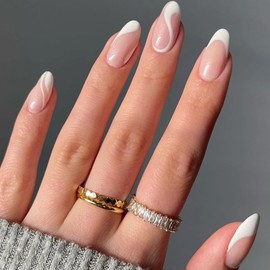 False Nails, French Almond Fake Press on Nails, Short White Acrylic Nail Tips Stick on Nails 24Pcs False Nails with Glue for Women and Girls Nail Art