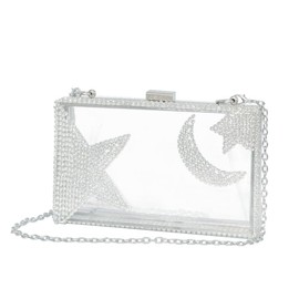 LAGO DE SAC Ladies Clear Acrylic Moon and Star Rhinestone Chain Bag Sparkly Transparant Clutch Purse for Woman Evening Wedding,Party,Prom (Silver)