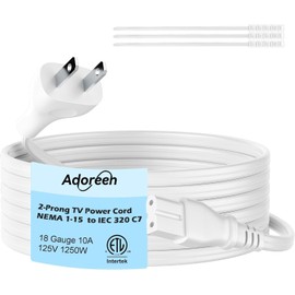 Adoreen 2-Prong Polarized Replacement Vizio TV Power Cord 20 Ft White, NEMA 1-15P to IEC 320 C7 AC Supply Wall Cable 2 Slot Flat for Sound Bar LED Smart HDTV -Bose Speaker-ETL +Ties