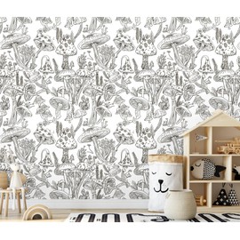 Vinjiasin Peel and Stick Wallpaper Black and White Mushroom Contact Paper Boho Floral Wall Paper for Bathroom Bedroom Nursery Self Adhesive Removable 17.3"x 78.7"