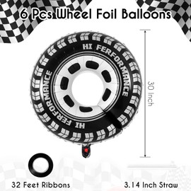 6 Pcs Large Wheel Balloons,30 Inch Race Car Wheel Balloons Race Car Party Decorations Car Foil Balloons for Birthday Party Race Car Theme Party Supplies
