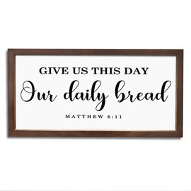Christian Signs for Dining Room Decor, Kitchen Wall Decoration, Farmhouse Wood Framed Sign 15×7.5×0.3 inches, Rustic Wood Framed Hanging Signs, Give Us This Day Our Daily Bread Sign