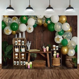 Coffee Photography Rustic Brown Wood Backdrop - Ice Cream Party Background With Balloons and Stars - Kids Portrait Decor Photo Studio Prop, 7X5FT