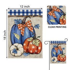 Covido Fall Blue White Pumpkin Decorative Garden Flag, Autumn Plaid Check Farmhouse Yard Outside Decorations, Thanksgiving Rustic Burlap Outdoor Small Home Decor Double Sided 12 x 18