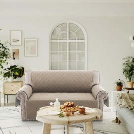 PrinceDeco Loveseat Couch Cover for 2 Cushion Couch Sofa Cover for Dogs Water Proof Slipcover Non-Slip Furniture Protector with Elastic Straps for Pet Cat Children(Loveseat 48",Taupe)