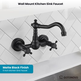 gotonovo Wall Mount 6 Inch Center Kitchen & Bathroom Faucet Double Cross Knobs Handle Vintage Mixer Tap 5.5 Inch Spout Reach Utility Faucet, Matte Black