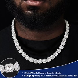 WORFAJEW 10MM Diamond Tennis Necklaces for Men Women, 18K White Gold Plated 5A+ Cubic Zirconia Tennis Chain Square Hip Hop Chains Iced Out Bling Rapper Jewelry Simulated Diamond Necklace Choker Link