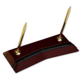 Dacasso Burgundy Leather Gold Trim Double Pen Stand