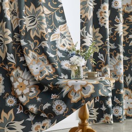 Aldopein Vintage Floral Blackout Curtains for Bedroom 84-Inch Length 2 Panels, Moody Black Flowers Boho Tribal Window Curtain, Room Darkening Thermal Insulated Country Farmhouse Curtain Panels