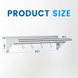 Treshin Stainless Steel Shelf with 4 Hooks 14 x 24 Inches, Commercial Wall Mount Floating Shelving Storage Pot Rack for Restaurant, Kitchen, Home, Bar and Hotel