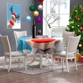 VVA Christmas Round Table Cloth- Elk Snowy Backdrop Reindeer Merry Christmas Happy New Year Red Nose Elk Cartoon Deer Circular Printed Tablecloths Family Gatherings & Christmas Dinner Decor 60Inch