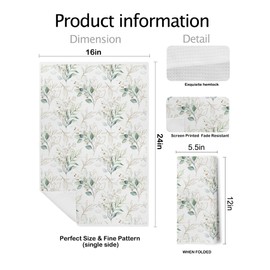 XUNLURY Elegant Sage Green Eucalyptus Leaves Decorative Floral Kitchen Towels, Sage Green Botanical Dish Tea Hand Towels for Bathroom Kitchen, Plant Bathroom Decor, 16x24 Inch