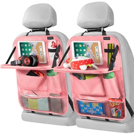 LUCMO Car Backseat Organizer with Tablet Holder-2 Pcs,6 Storage Pockets Car Storage Organizer with Foldable Food Tray,Protectors Kick Mats Travel Accessories-Pink