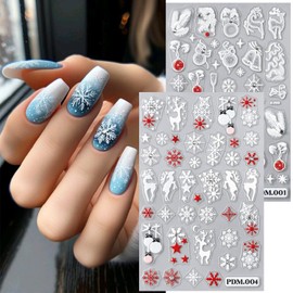 2sheets Christmas Nail Stickers 3D Self Adhesive Micro Relief Snowflake Nail Art Stickers with Diamond Xmas Elk Nail Decals Winter Snow Nail Design Stickers for Women Girl DIY Nail Decoration
