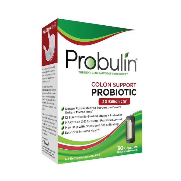 Probulin Colon Support Daily Probiotic + Prebiotic Supplement For Gut Health + Supports Occasional Gas and Bloating - Ship Cold & Protected - 20 Billion CFU - 12 Probiotic Strains, 30 Vegan Capsules