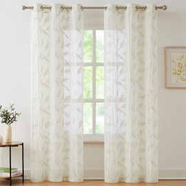 Bujasso Natural Linen Leaf Sheer Curtains 95 inch Embroidered Floral Farmhouse Light Filtering Window Panels Botanical Sheer Drapes for Living Room Bedroom Grommet Top 38" Wx95 Lx2