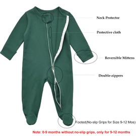 Aablexema Baby Footie Pajama with Mitten Cuffs, Double Zipper Infant Cotton clothes Sleeper Pjs, Footed Sleep Play(White & Green & Khaki,12-18 Months)