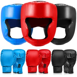 Kanayu 3 Pieces Boxing Headgear and 3 Pairs Boxing Gloves Set Shockproof Leather Boxing Helmet Safety Head Guard Punching Bag Gloves for Men Women Youth Beginners (Black, Blue, Red,Adult)