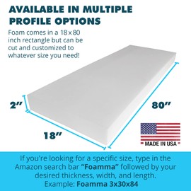 Foamma 2" x 18" x 80" High Density Upholstery Foam Padding for Cushions and Seat Repair, Thick Custom Pillow, Chair, Couch Cushion Replacement Foam, and Craft Upholstery Supplies