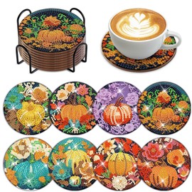 Denylo pro 8 Pcs Fall Pumpkin Diamond Art Painting Coasters Kits with Holder DIY Autumn Pumpkin Diamond Art Coaster Non Slip Coaster for Adults Pumpkin Diamond Kits Supplies for Fall Gift