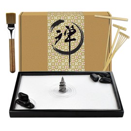 Artcome Japanese Zen Sand Garden for Desk with Rake, Stand, Rocks and Mini Furnishing Articles - Office Table Accessories, Mini Zen Sand Garden Kit - Meditation Gifts