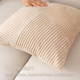 ZSkogur Decorative Throw Pillow Covers 20x20 Inch Set of 2 for Boho Living Room Farmhouse Home Decor, Spring Pillow Covers for Couch Bed, Soft Corduroy Striped Patchwork Cushion Cases, Tan