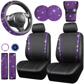 CAR PASS Leather Diamond Bling Seat Covers Sets 11 pcs, Bling Car Accessories Set for Women, Sparkly Rhinestone Steering Wheel Cover Sets, Glitter Cute Car Interior Sets for Women Girl, Violet Purple