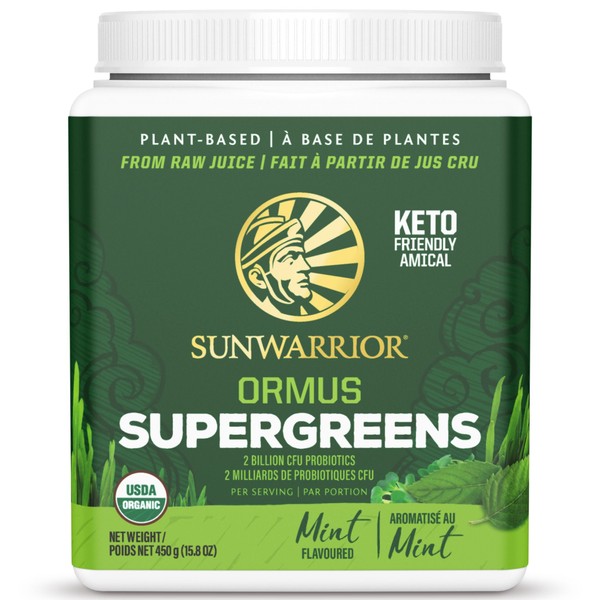 Sun Warrior Ormus Super Greens with 2 Billion CFU Probiotics, Made from Raw Juice, 225g, Mint / 450g