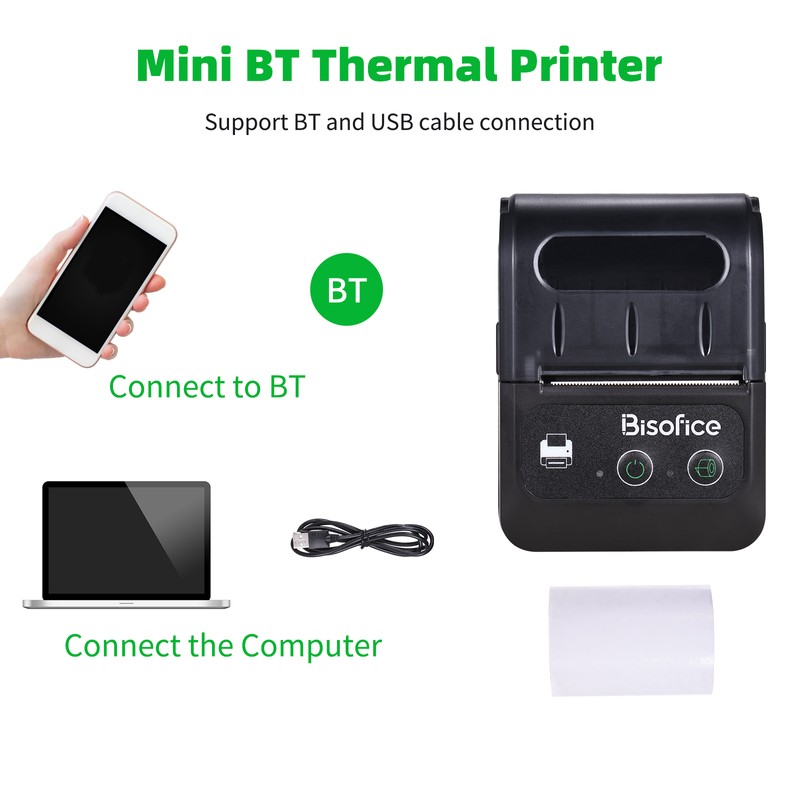 Bisofice Portable Wireless BT 58mm 2 Inch Thermal Receipt Printer