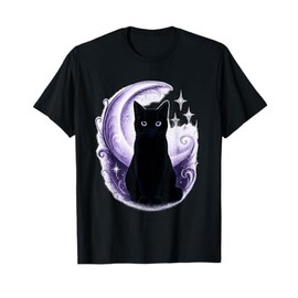 Mystical Black Cat with Crescent Moon and Stars Witchy Vibe T-Shirt
