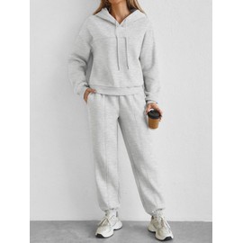 Trendy Queen Womens Sweatsuits 2 Piece Outfits Fall Lounge Sets Wide Leg Sweatpants and Oversized Hoodies with Drawstring Grey M