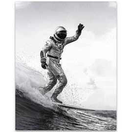 Solar Surfer: 16x20 Unframed Poster - Black and White Photography of Spaceman Surfing in a Spacesuit - Funny Beach House Decor, Man Cave, Bar, Gift for Surfers, Scifi Interstellar Surfing Astronaut